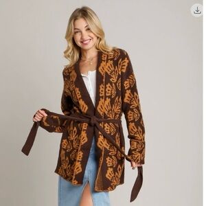 972. Autumn Ember, jacquard knit belted sweater cardigan, Toffee , various sizes